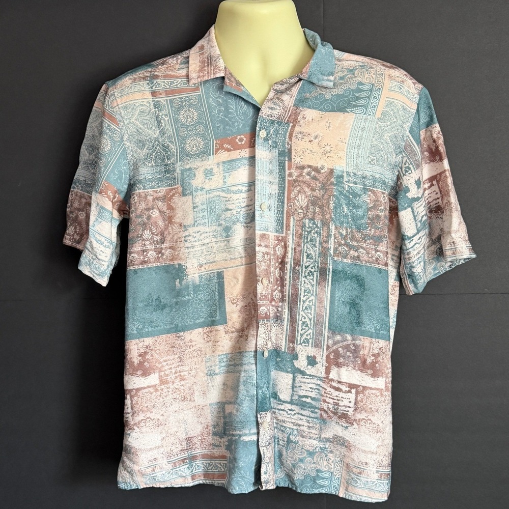 Zara Man Patchwork Paisley Print Short Sleeve Button Down Shirt Teal Rust Small